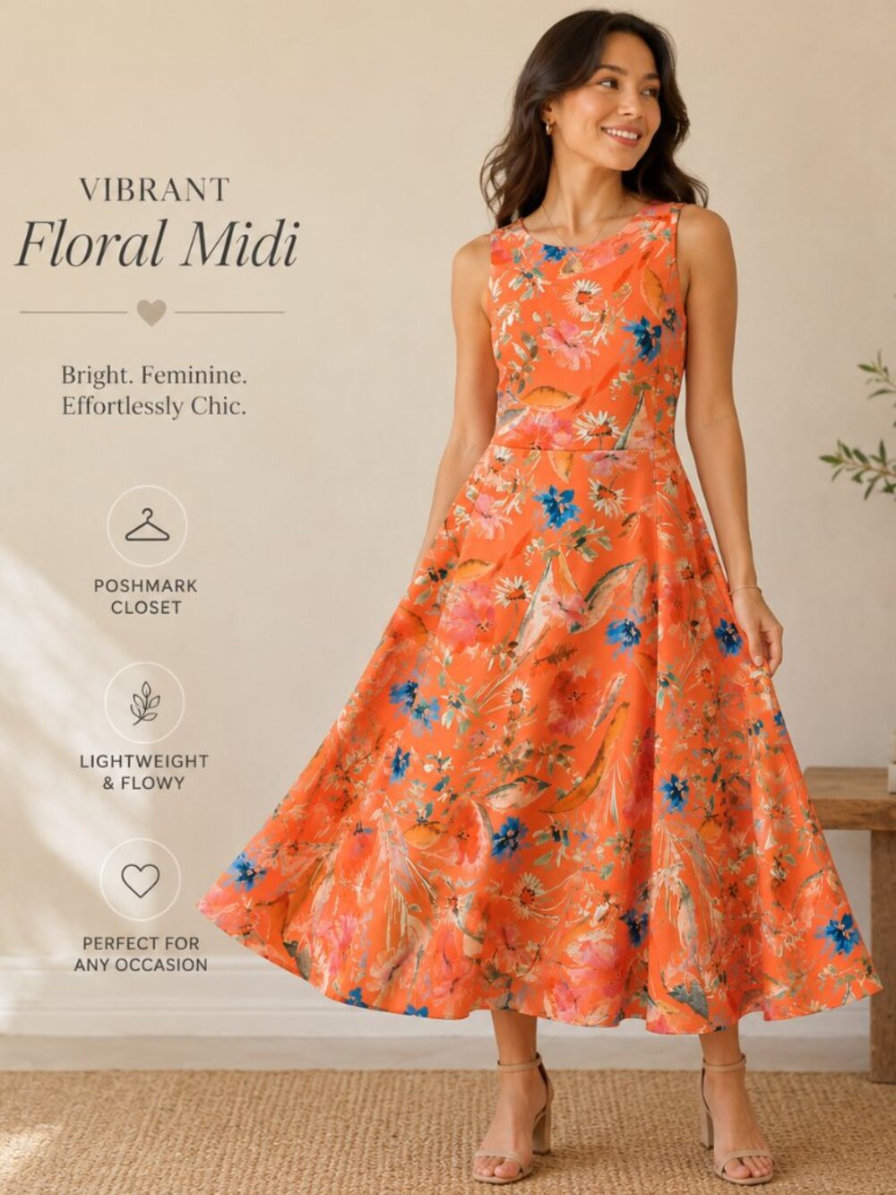 Calvin Klein Coral-Orange Floral Midi Dress